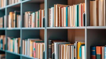 A bookshelf filled with books focused on personal development and daily affirmations emphasizing the importance of selfcare photo