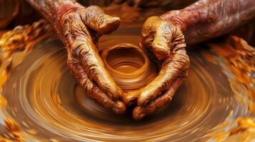 A closeup of a potters hands shaping a smooth piece of clay on a spinning wheel photo