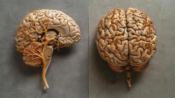 A comparison of a healthy and diseased brain with a stark difference in the number and health of neurons in the latter photo