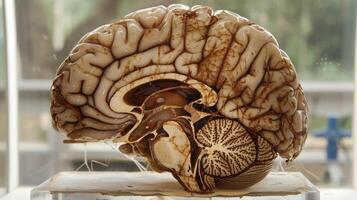 A crosssection of the brain showcasing the thinning and deterioration of neurons in a patient with dementia photo