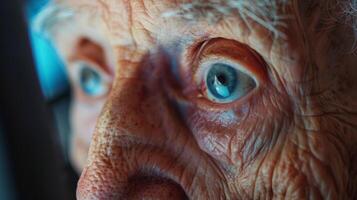 A wrinkled and weathered face reflects in the computer screen as an elderly person concentrates on learning how to use a new program photo