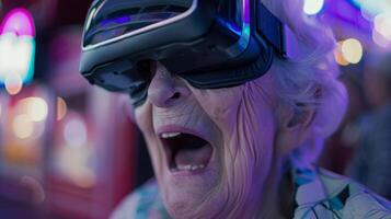 A closeup of an elderly individuals face as they virtually experience the thrill of a rollercoaster ride through virtual reality photo