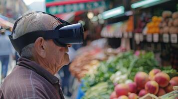 Side view of an older adult wearing a virtual reality headset leaning forward in awe as they virtually walk through a bustling market in a distant country photo