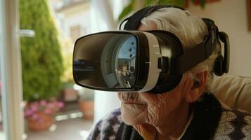 An image of an elderly person wearing a virtual reality headset using it as a tool for cognitive training and rehabilitation photo