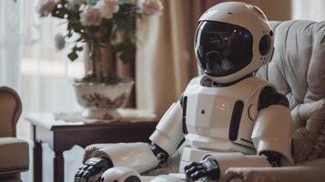 A robot helping a person with dementia by displaying familiar photos and playing soothing music