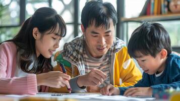A family having a friendly competition playing a game of Pictionary utilizing their creativity and communication skills photo