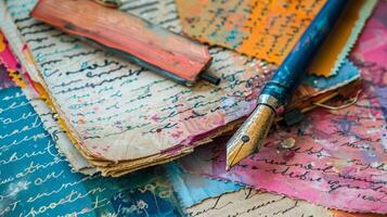A collage of colorful writing prompts and materials used in creative writing exercises photo