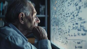 Whiteboard with a brainstorming session written on it as an elderly person sits in contemplation photo