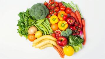A brainshaped outline filled with a variety of fruits and vegetables illustrating how proper nutrition plays a vital role in maintaining cognitive function photo