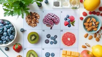 A colorful visual calendar with pictures of different foods known to have benefits for brain health such as berries and walnuts photo