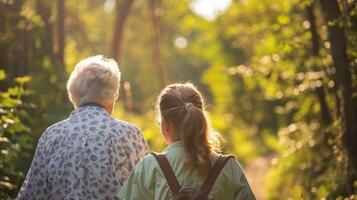 A home health aide accompanying a client with dementia on a nature walk to stimulate cognitive function photo