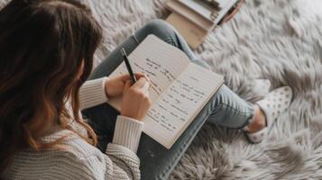 A person writing notes and organizing their thoughts in a memory journal photo