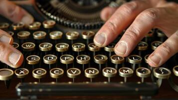 A person using a typewriter with enlarged letter keys to write a letter or story photo