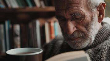 An older man engrossed in a novel with a cup of tea by his side and a peaceful expression on his face photo