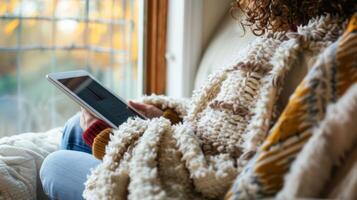 A person holds a tablet in their lap engrossed in an ebook in their comfortable reading nook photo