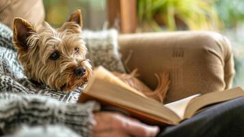 An older person with a large print book sitting comfortably in a recliner in their reading nook with a small dog at their feet photo
