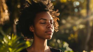 A person practicing a walking meditation their eyes closed and their steps slow and deliberate as they focus on their surroundings and their breath photo