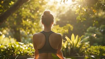 A workshop attendee practicing yoga poses in a serene outdoor setting surrounded by trees and nature photo