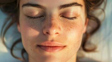 A closeup of a persons face with a serene expression showcasing the inner calm and clarity achieved through daily meditation photo