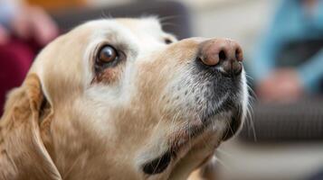 A Labrador retriever sniffs around a room using its keen sense of smell to trigger positive memories for individuals with dementia photo