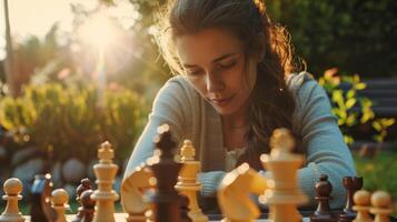 A woman practicing mindful breathing techniques while playing a game of chess in a peaceful garden photo