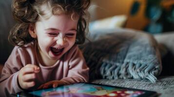 A child laughing and having fun while playing a game on a touchscreen designed to improve their focus and attention photo