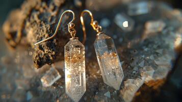 A set of earrings with tiny crystals believed to have healing properties and improve memory function photo