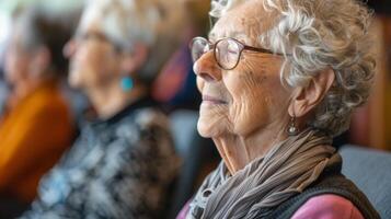 A peaceful and calming atmosphere with soft music playing as seniors participate in gentle exercises and memoryboosting activities at a memory cafe photo