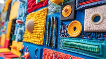A colorful and interactive sensory board with different objects and textures such as zippers buttons and fabrics designed to stimulate touch and handeye coordination photo