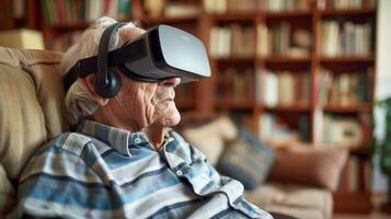 An elderly man using a virtual reality headset fully engrossed in an immersive and sensoryrich experience photo