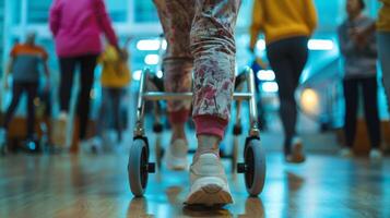 A woman with a walker confidently maneuvers through a line dance proving that age is just a number photo