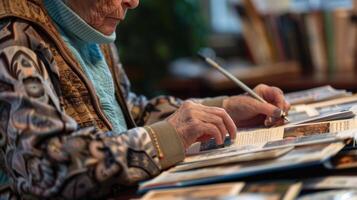 A person with dementia intently focused on creating a scrapbook filled with old photos and written stories helping them remember cherished moments from their past
