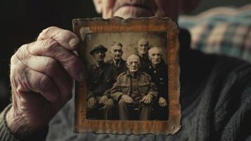 A weathered photo of a group of war veterans as an elderly man gazes at it with a sense of pride and nostalgia