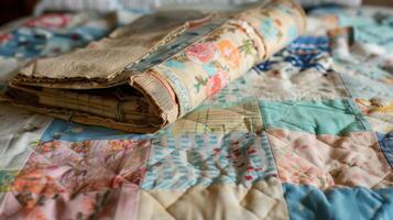 A patchwork quilt made from old clothes and fabrics a binder of handwritten recipes and a family heirloom showcasing the variety of personal artifacts that can be kept in a reminiscenc photo