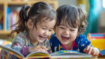Two siblings laughing and playing as they take turns interacting with a storybook that incorporates sound effects and movements photo