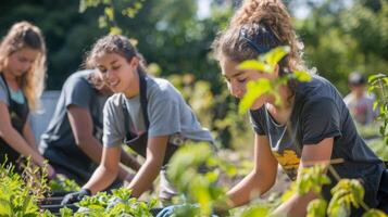 A group of teenagers working in a community garden gaining skills and responsibility while also giving back to their community photo
