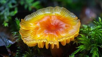 A closeup of a vibrant mushroom growing on the forest floor showcasing the intricate beauty and complexity of nature photo
