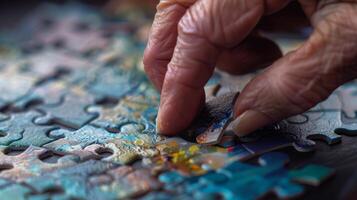 A closeup of a persons hand reaching for a puzzle piece symbolizing the need for support and assistance when dealing with brain health issues photo