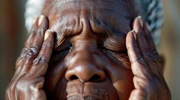 A closeup of an older persons face eyes closed and hands rubbing temples in frustration photo