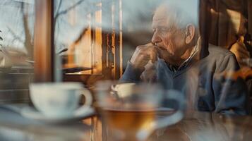 An elderly man sitting at a kitchen table his reflection visible in a halfempty cup of tea as he gazes out the window photo