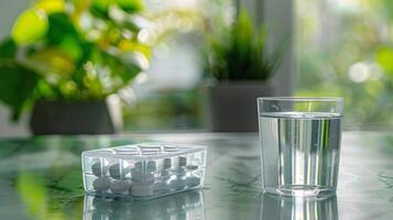 An organized pill organizer next to a glass of water symbolizing the daily routine of taking medication photo
