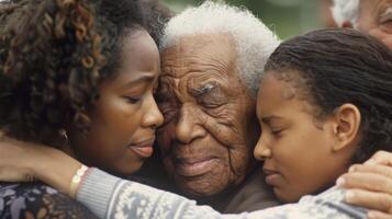 A family gathering with multiple generations hugging and caring for their elderly relative photo