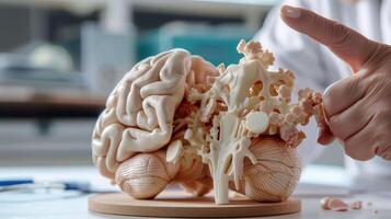 A medical professional pointing to different parts of a brain model to explain the progression of Alzheimers disease photo