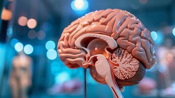 Closeup of a brain model with highlighted areas representing the parts of the brain affected by depression photo