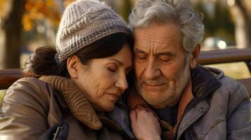 A husband and wife sitting on a bench comforting each other while their aging parent rests nearby photo