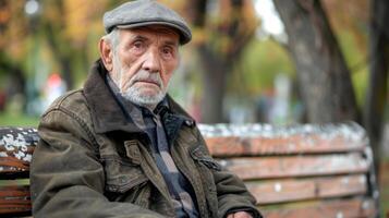 An image of an older man sitting on a bench looking lost and unsure of where he is photo