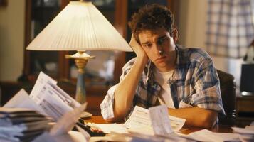 A man sitting at a desk surrounded by mail and bills appearing overwhelmed and confused photo