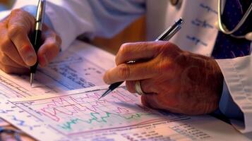 A doctor pointing to a graph on a medical record depicting the progression of a patients Alzheimers disease over time photo