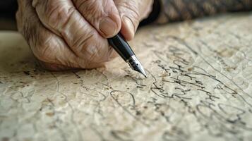 A person with Parkinsons disease struggling to hold a pen steady with scribbled and illegible handwriting photo