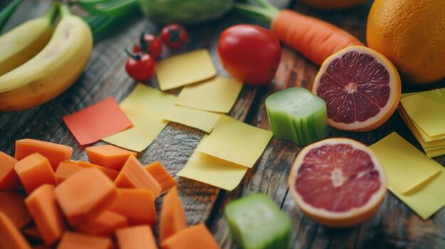 A table filled with Postit notes each one representing a different brainboosting food to include in an elderly persons diet photo
